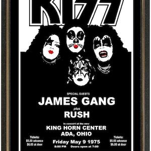 Kiss with Rush and James Gang 1975 Konzert Poster + Karte Fertig zum Rahmen! Ohio