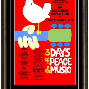 Póster Concierto Woodstock 1969 + Entrada. ¡Listo para enmarcar! ¡Historia de la música! Hendrix, Joplin. OMS