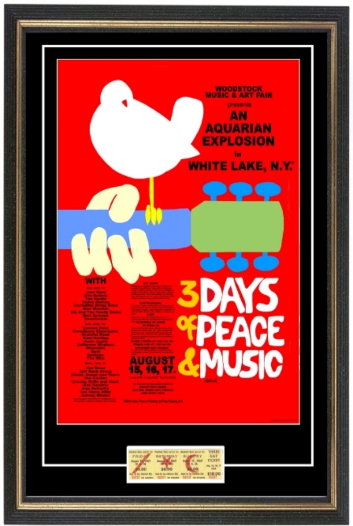 ウッドストック1969コンサートポスター+チケット。額装も可能！音楽史