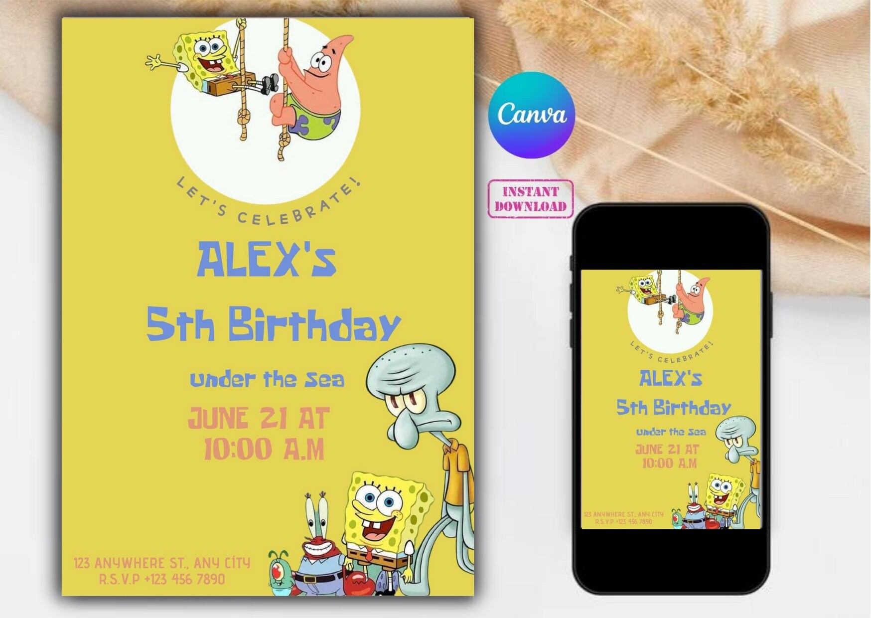 Editable Spongebob Birthday Invitation Template Sponge Bob Etsy Canada
