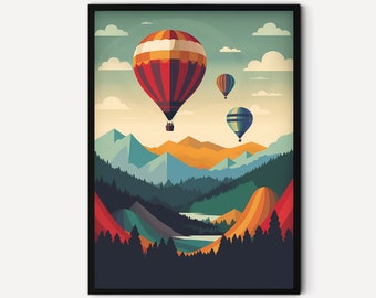 Hot Air Balloons - Two Vintage Hot Air Balloon Travel Posters, Gallery Wall Art, Retro Wall Art, Vibrant Print, Colorful Wall Art, Set #1