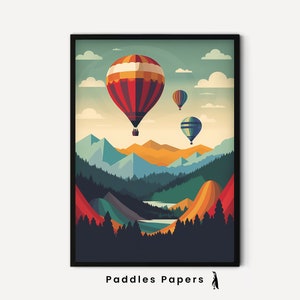 Globos de aire caliente - Dos carteles de viaje de globo de aire caliente vintage, arte de pared de galería, arte de pared retro, impresión vibrante, arte de pared colorido, conjunto #1