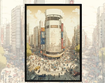 Shibuya Crossing Print - Tokyo Travel Poster, Busy City Street. Detailed Watercolor Style. High Quality and Printable. Hang In Any Room.
