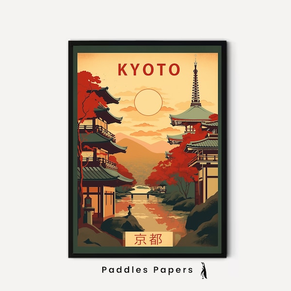 Kyoto - Two Japan Travel Posters Vintage, Kyoto Gallery Wall Art, Retro Wall Art, Vibrant Print, Colorful Wall Art, Set of 2