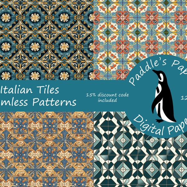 Italian Tiles Seamless Patterns - Geometric and Floral Digital Paper Pack - Italy Bathroom Tiles - 4 Papers - 12in x 12in - INSTANT DOWNLOAD