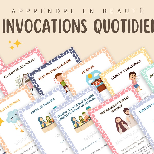 20 cartes de Duas en Français pour enfants | Daily Dhikr | Flash Cards | Islam | Invocations à apprendre | Livre Duas enfants à imprimer