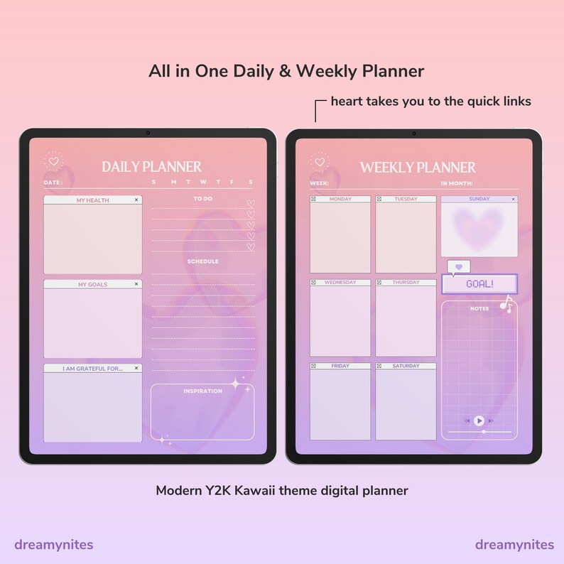 Y2K Digital Planner, Heart Digital Planner, Kawaii Digital Planner