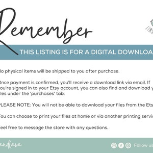 May include: A digital download reminder with the text "Remember THIS LISTING IS FOR A DIGITAL DOWNLOAD" in a blue box. The text below the box includes information about the purchase and download process. The text "@limeandlava" is at the bottom of the image.