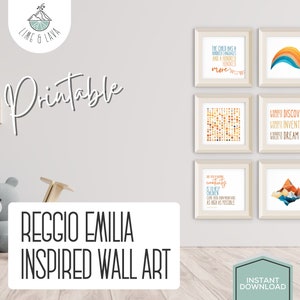 Reggio Emilia Wall Art - Set of 6 Quotes & Images Inspired by Loris Malaguzzi, Modern Playroom and Classroom Decor