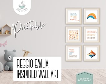 Reggio Emilia Wall Art - Set of 6 Quotes & Images Inspired by Loris Malaguzzi, Modern Playroom and Classroom Decor