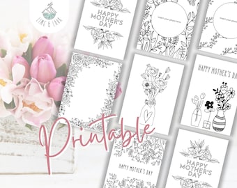 Mother&#39;s Day DIY Colour In Printable Cards - Set of 7 Floral Designs