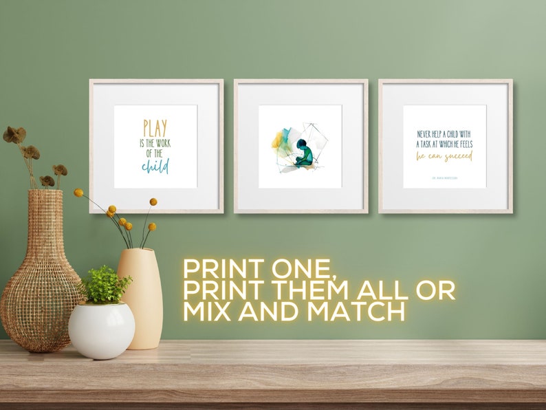 Montessori Wall Art - Set of 12 Quotes & Images Inspired by Maria Montessori, Modern Playroom and Classroom Decor image 2