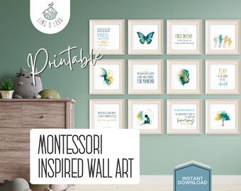 Montessori Wall Art - Set of 12 Quotes & Images Inspired by Maria Montessori, Modern Playroom and Classroom Decor