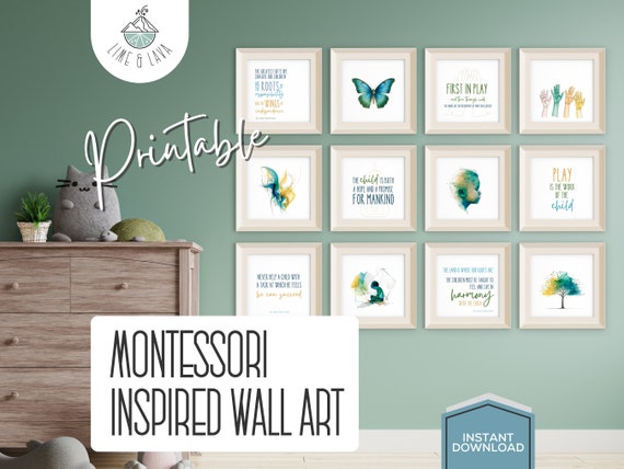 Montessori Wall Art - Set of 12 Quotes & Images Inspired by Maria Montessori, Modern Playroom and Classroom Decor