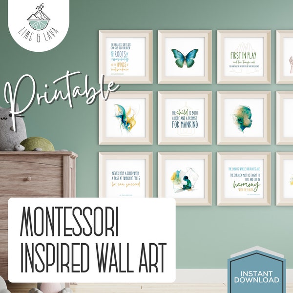 Art mural Montessori - Ensemble de 12 citations et images inspirées par Maria Montessori, décor de salle de jeux et de salle de classe moderne