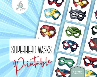 Superhero Printable Masks For Kids - Set of 10 cut out masks for superhero birthday, party prop and dress up