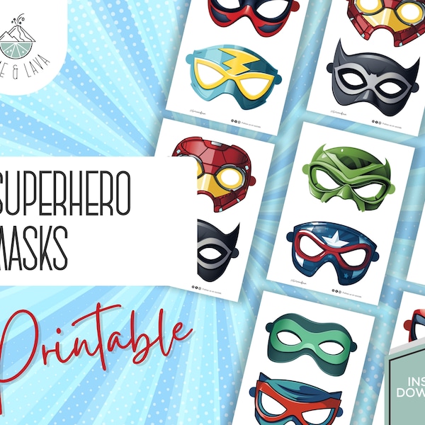 Superhero Printable Masks For Kids - Set of 10 cut out masks for superhero birthday, party prop and dress up