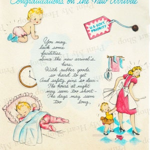 1940s Baby Arrival Printable Vintage Folding Greeting Card -Instant Digital Download Card - Congratulations New Baby Birthing Card - Birth