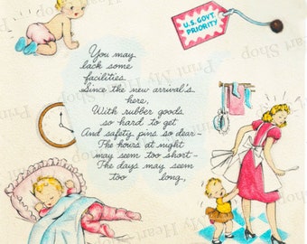 May include: A vintage greeting card with a cartoon illustration of a family. The card has a blue and white checkered background and the text "Congratulations on the New Arrival". The text "You may lack some facilities since the new arrival's here, With rubber goods so hard to get And safety pins so dear - The hours at night may seem too short - The days may seem too long." is written on the card.
