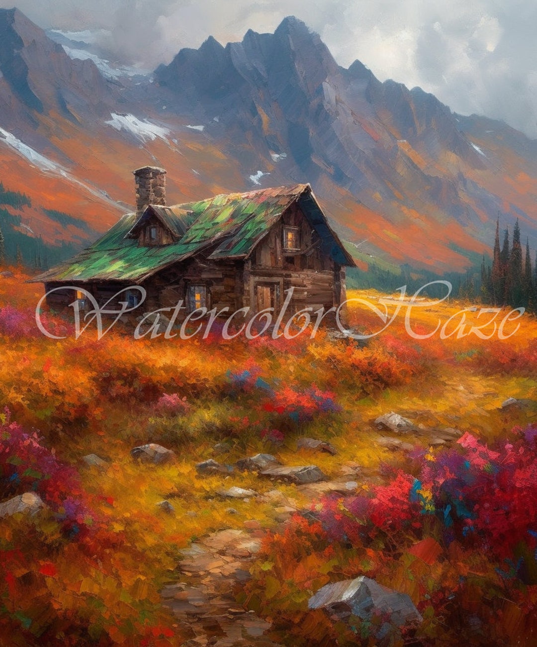 Mountain Cabin in Autumn Leaves Trees Oil Painting Acrylic Style 7 Pack ...