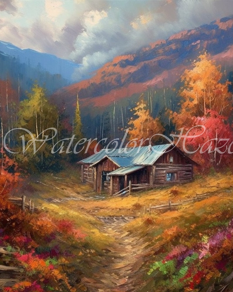 Mountain Cabin in Autumn Leaves Trees Oil Painting Acrylic Style 7 Pack ...