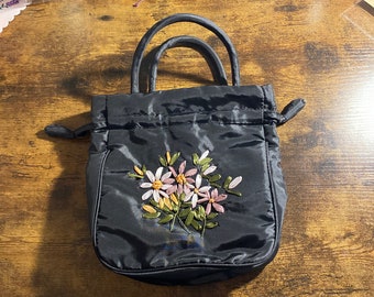 Black Satin-like Embroidered Handbag