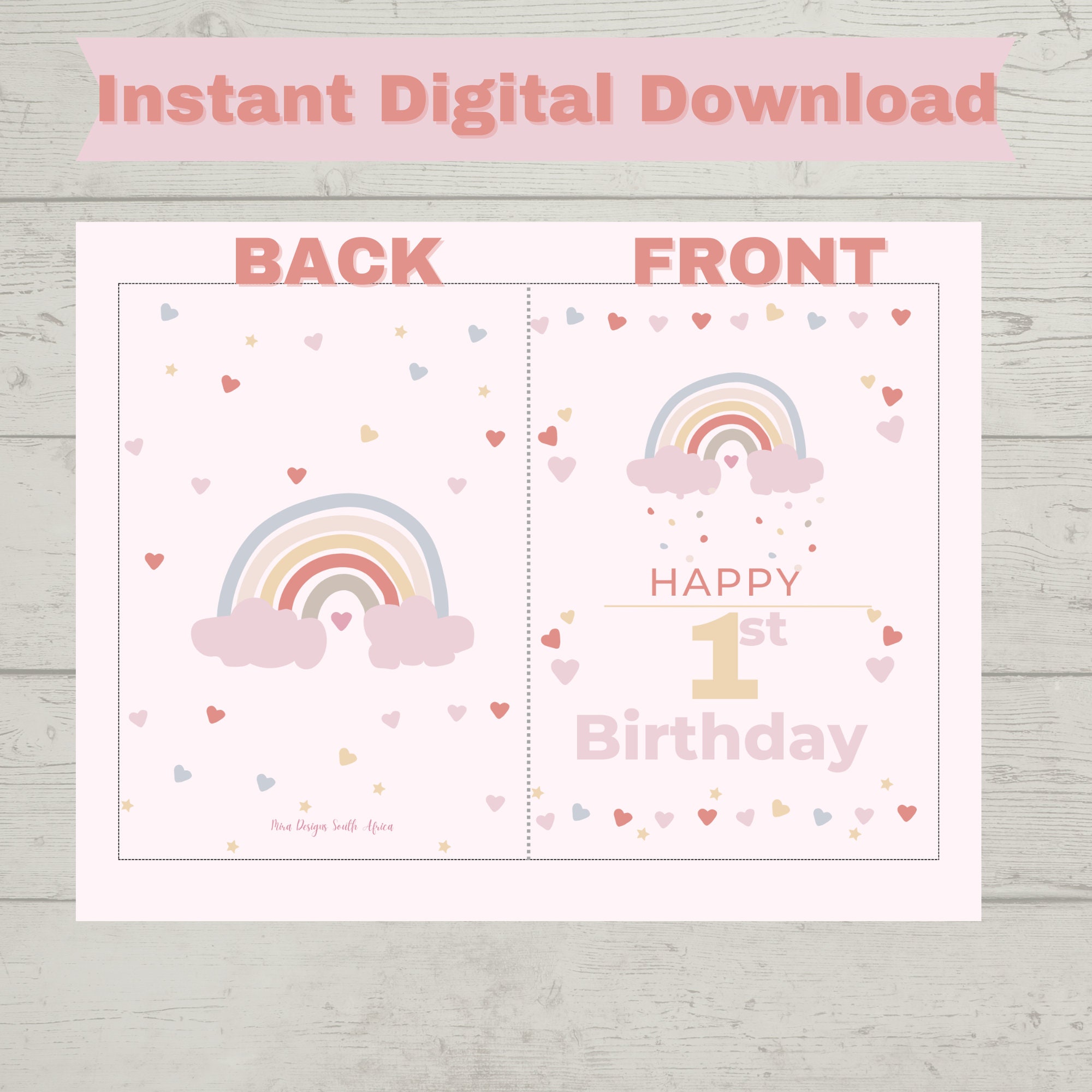 Girls 1st Birthday Card Instant Download Rainbows and Hearts Birthday ...