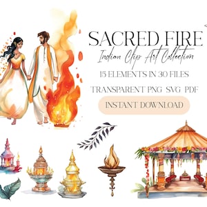 Coleção de clipart de casamento indiano - imagens em aquarela do Fogo Sagrado transparente PNG SVG PDF Art 15 imagens (36 arquivos) Uso comercial ok