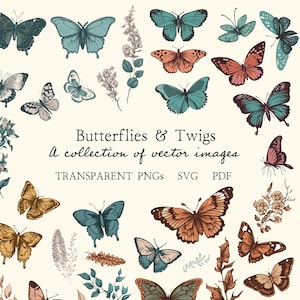 Schmetterlinge & Zweige Vektor Clip Art Collection - Boho Stil gezeichnet flach Bilder transparent PNG SVG PDF Art 34 Bilder (79 Dateien)