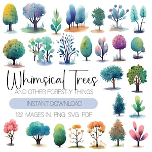 Coleção de clipart de vetores de árvores caprichosas - imagens em aquarela de floresta Boho transparentes PNG SVG PDF 122 imagens (148 arquivos) Uso comercial ok
