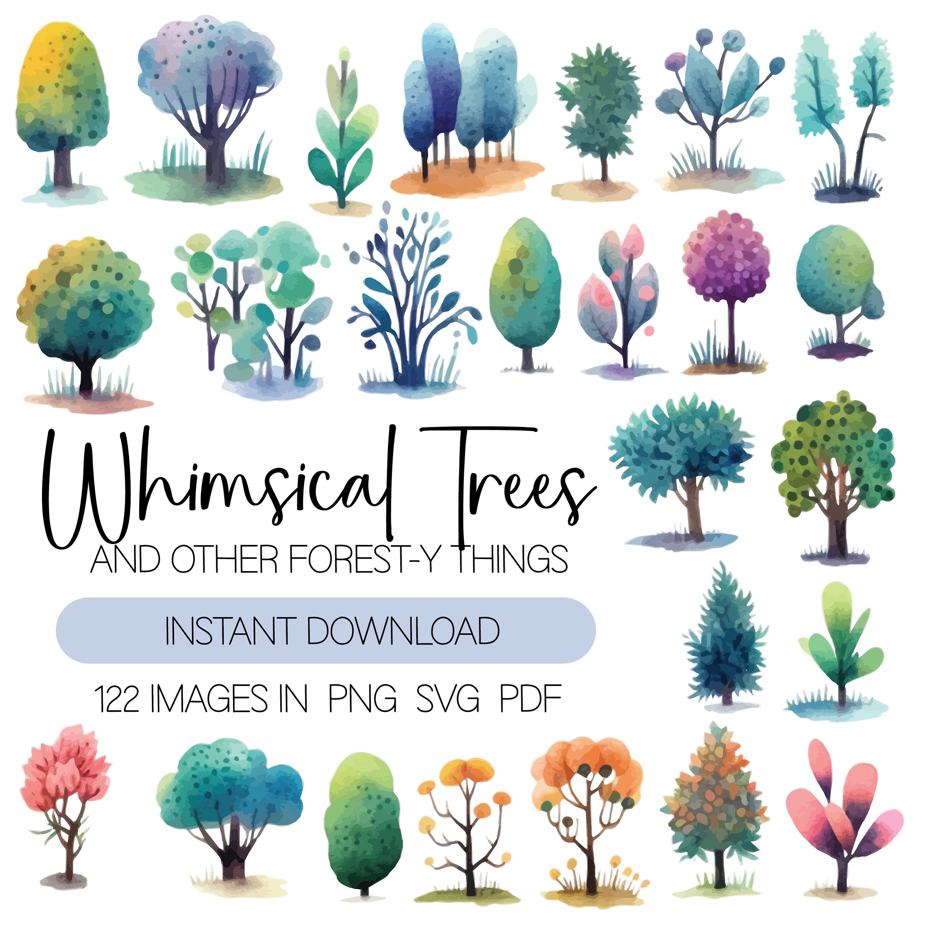 Whimsical Trees Vector Clip Art Collection Boho Forest Watercolor