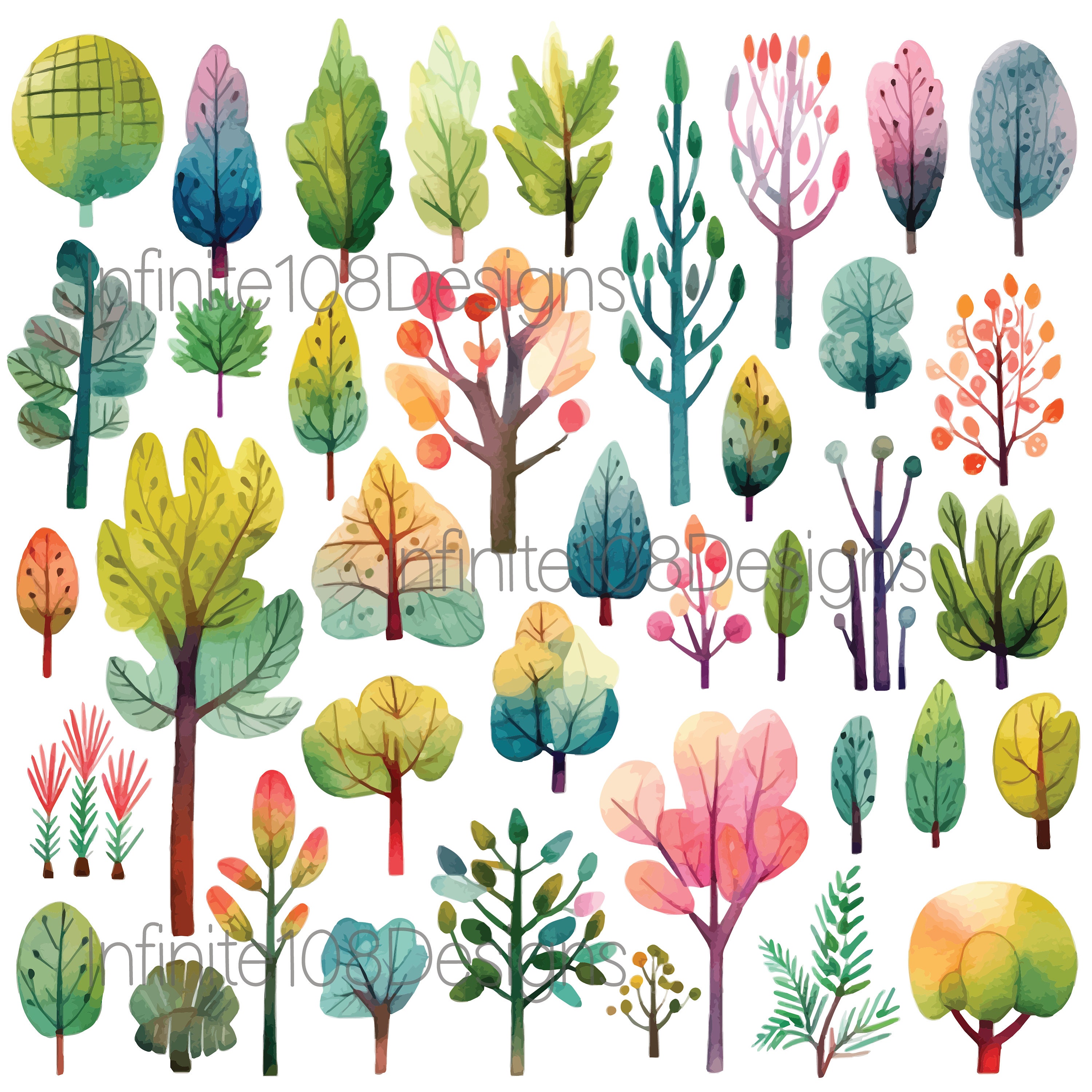 Whimsical Trees Vector Clip Art Collection Boho Forest Watercolor