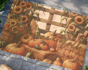 Herbstliche Fußmatte mit Kürbissen, Sonnenblumen und Maisstall-Motiv