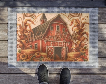 Willkommensmatte „Willkommen“, rustikale rote Scheunen-Herbstmatte