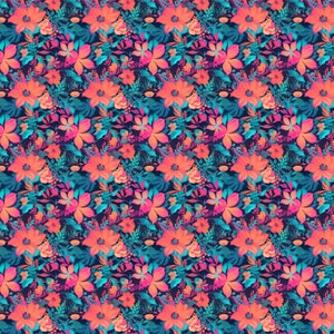 Puede incluir: Un patrón sin costuras con un diseño floral vibrante. El fondo es azul oscuro y las flores son una mezcla de rosa, naranja y rojo. Las flores están dispuestas en un patrón aleatorio, creando un diseño ajetreado y colorido.
