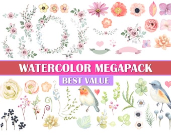 Transparent Floral Watercolor pack of 64 Assets For Design (Botanical asset clipart)