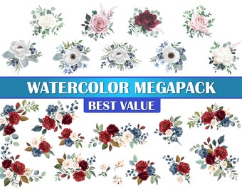 Transparent Floral Watercolor pack of 70 Floral Art Assets For Design (Botanical asset clipart)