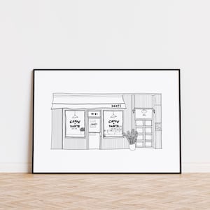 ręcznie robiony wydruk giclee dante nyc – ręcznie rysowany szkic west village, minimalistyczna sztuka ścienna, wystrój miasta nowy jork, wyjątkowy prezent, sztuka czarno-biała