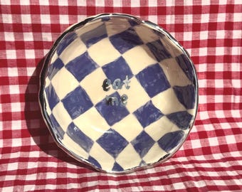 handmade checkered bowl, eat me, small batch pottery, functional ceramic bowl, unique snack bowl, gift for food lovers, quirky home decor