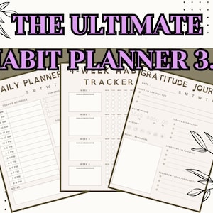 Op de afbeelding: Een printbare planner met drie secties: een dagelijkse planner, een 4-weken habit tracker en een dankbaarheidsdagboek. De planner is ontworpen om je te helpen georganiseerd te blijven en op koers te blijven met je doelen.