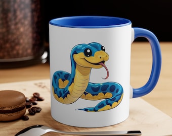 Uroczy kubek z wężem Python z niebieskim akcentem, idealny dla programistów lub miłośników gadów | Kubek Python, prezent w kształcie węża, kubek do kawy dla programistów, zabawny kubek ze zwierzęciem