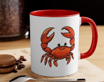 Wesoły kubek z krabem i czerwonym akcentem | Słodka kreskówka dla programistów Rust lub fanów życia morskiego | Kubek z krabem, kubek Ferris Rust, prezent na plażę, filiżanka do kawy