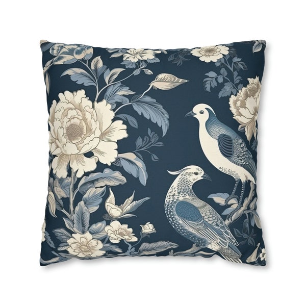 Accent Throw Pillow Cover Case Chinoiserie Asian Theme Square Decorative Contemporary Decor Blue Birds Nature Inspired Living Room Decor