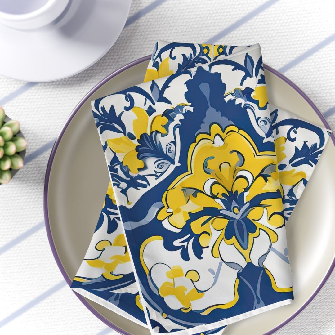 Set 4 Cloth Napkins French Blue White and Yellow Country French Cottage