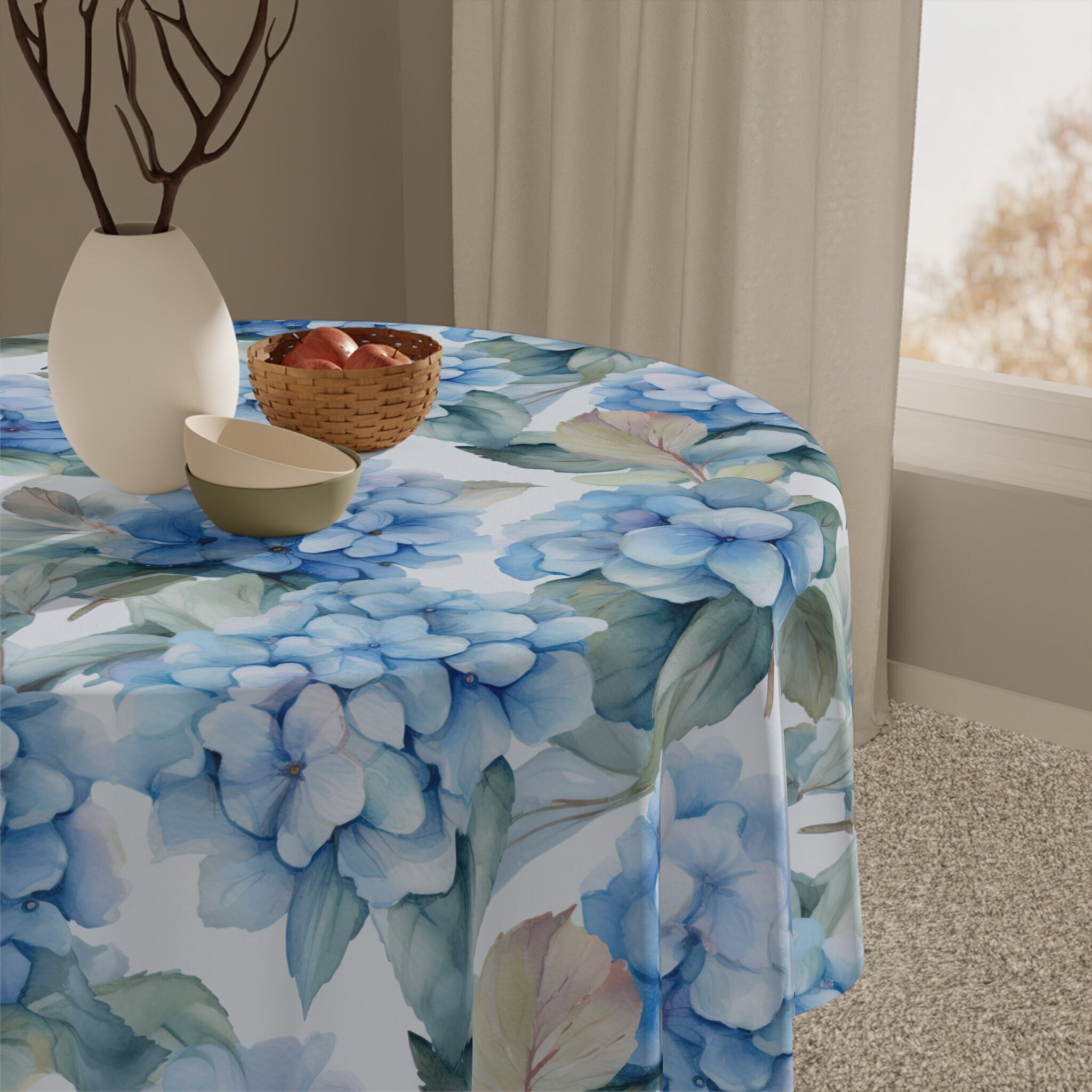 Blue Summer Hydrangea Tablecloth Summer Tea Party Square Blue and White Floral Design Water Color Hydrangea Beach House Decor