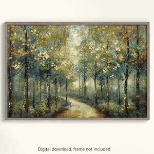May include: A painting of a forest path with trees on either side. The trees are a mix of green and blue hues, with some yellow leaves. The path is a light brown color and leads into the distance.