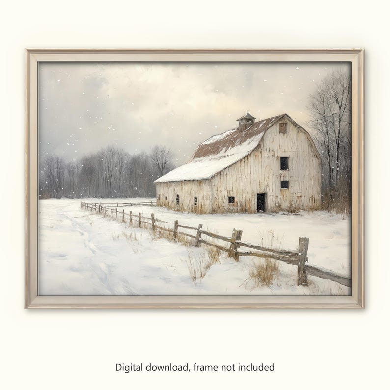 Rustic Snowy Barn Winter Scene | Country Farmhouse Printable Wall Art ...