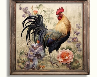 Lámina artística de gallo y flores - Decoración rústica de granja con colores vibrantes / Lámina de pollo - Imagen artística imprimible