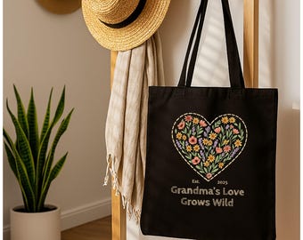 Personalized Grandma Floral Heart Tote Bag, Custom Grandmother Gift
