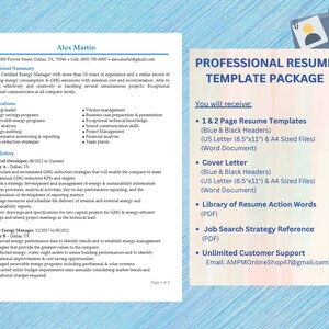 Plantilla de currículum profesional de 1 y 2 páginas + Carta de presentación + Biblioteca de verbos de acción de currículum sólidos + Guía de búsqueda de empleo (como un archivo comprimido)